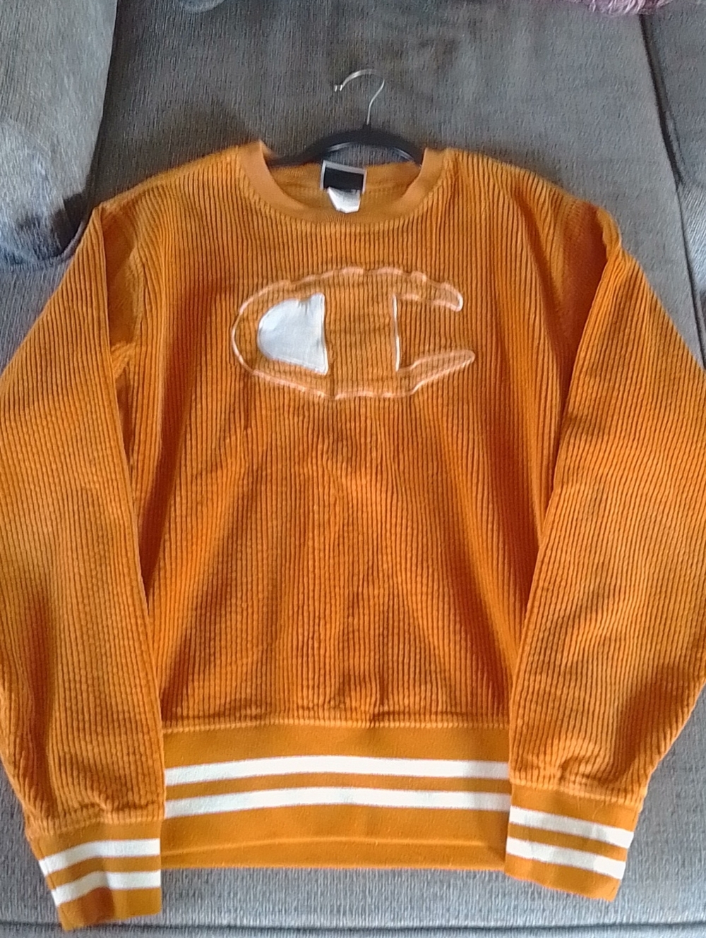 Champion Orange Ribbed Crewneck with White Logo and Stripe Accents